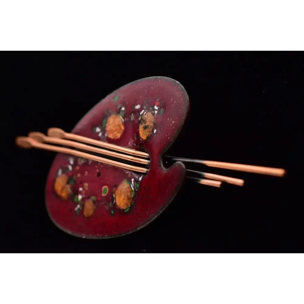 Matisse Renoir Palette Brooch Pin Copper Red Enamel Vintage Signed 1950s BinBG